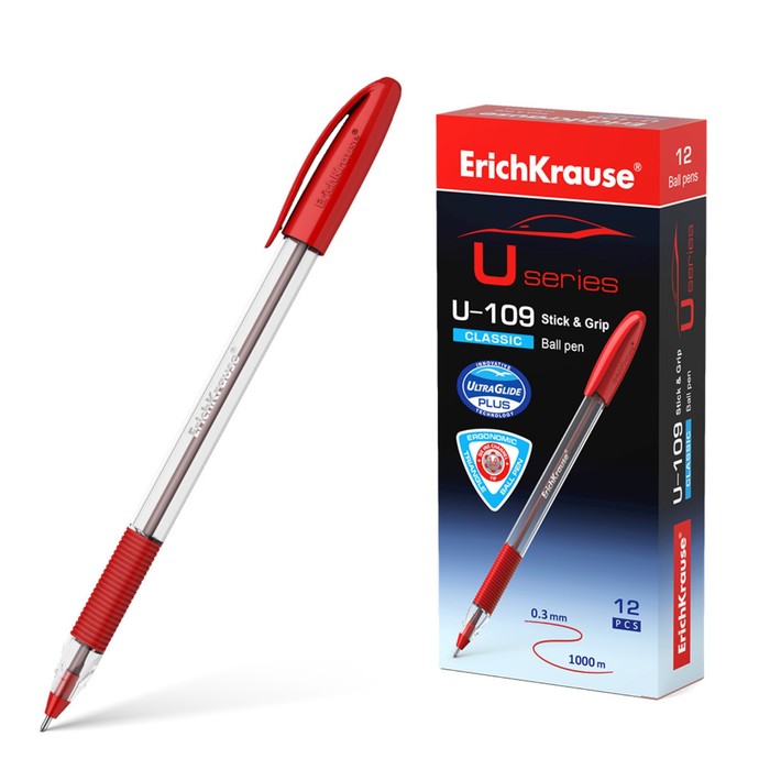 Ручка шариковая ErichKrause U-109 Classic Stick&Grip, узел 1.0 мм, грип, чернила красные ручка шариковая erichkrause u 109 classic stick