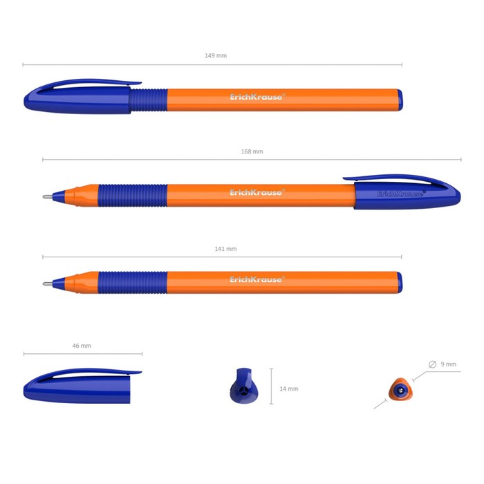 Ручка шариковая ErichKrause U-109 Orange Stick&Grip, узел 1.0 мм, грип, чернила синие