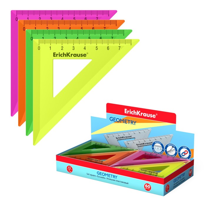Треугольник 45 7 см ErichKrause Neon Solid пластик микс из 4 цветов в коробке-дисплее 26₽