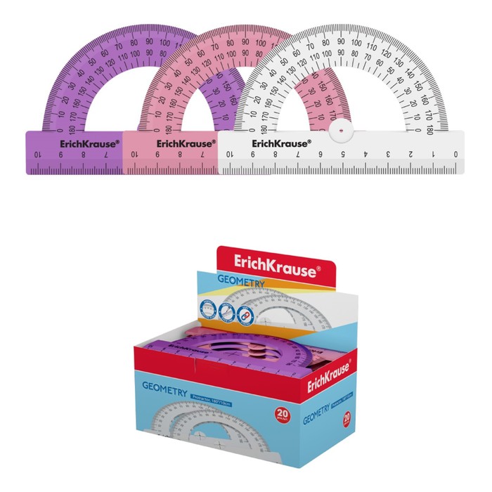 

Транспортир 180°/10см ErichKrause Candy, пластик, микс из 3 цветов, в коробке-дисплее