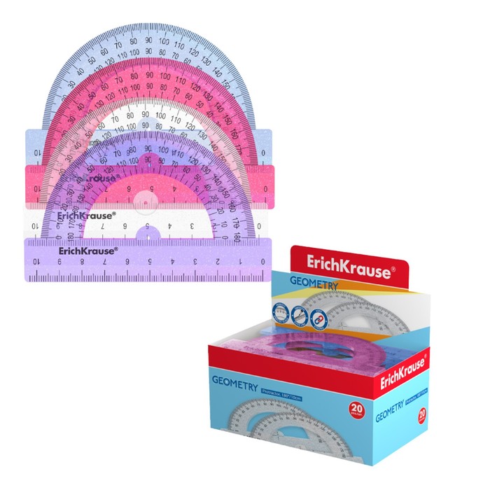 

Транспортир 180°/10см ErichKrause Glitter, пластик, микс из 4 цветов, в коробке-дисплее
