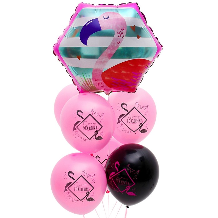 Букет из воздушных шаров "С днем рождения", фламинго, неон, латекс, фольга, набор 7 шт.   94835