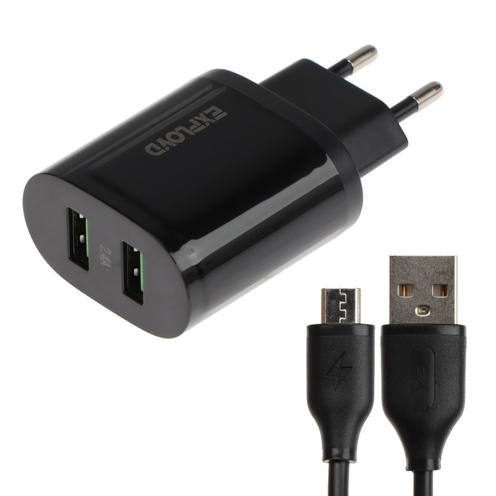 Сетевое зарядное устройство Exployd EX-Z-1432, 2 USB, 2.4 А, кабель microUSB, черное сетевое зарядное устройство exployd ex z 1420 2 usb 2 4 а черное