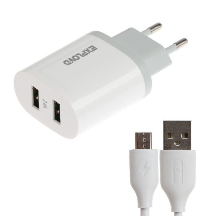Сетевое зарядное устройство Exployd EX-Z-1433, 2 USB, 2.4 А, кабель microUSB, белое сетевое зарядное устройство exployd ex z 1432 2 usb 2 4 а кабель microusb черное