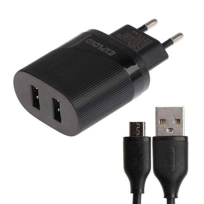Сетевое зарядное устройство Exployd EX-Z-1436, 2 USB, 2.4 А, кабель microUSB, черное сетевое зарядное устройство exployd ex z 610 2 usb 3 1 а черное