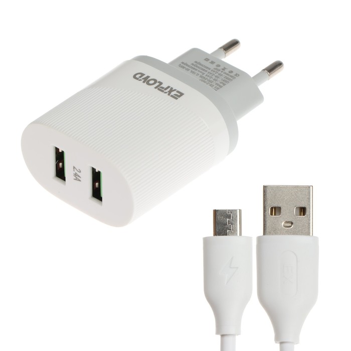 Сетевое зарядное устройство Exployd EX-Z-1437, 2 USB, 2.4 А, кабель microUSB, белое сетевое зарядное устройство exployd ex z 1432 2 usb 2 4 а кабель microusb черное