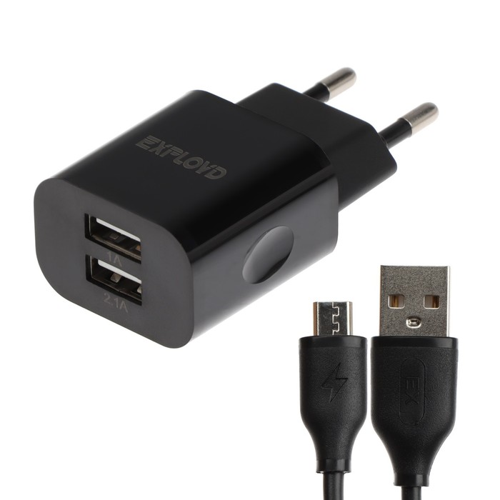 Сетевое зарядное устройство Exployd EX-Z-464, 2 USB, 3.1A, кабель microUSB, чёрное сетевое зарядное устройство exployd ex z 1432 2 usb 2 4 а кабель microusb черное