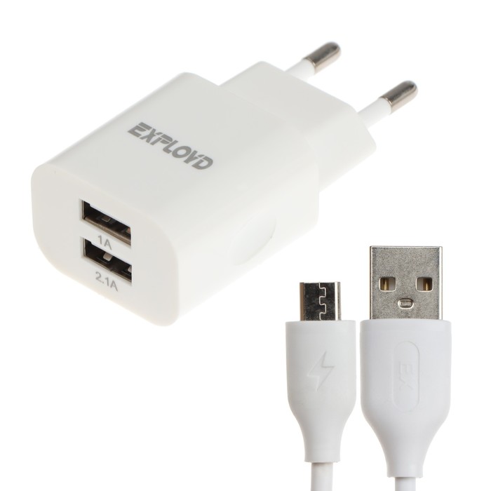 Сетевое зарядное устройство Exployd EX-Z-465, 2 USB, 3.1A, кабель microUSB, белое