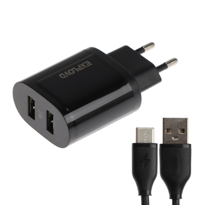Сетевое зарядное устройство Exployd EX-Z-1434, 2 USB, 2.4 А, кабель Type-C, черное сетевое зарядное устройство exployd ex z 1432 2 usb 2 4 а кабель microusb черное