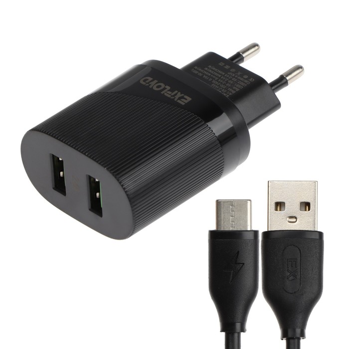 фото Сетевое зарядное устройство exployd ex-z-1438, 2 usb, 2.4 а, кабель type-c, черное