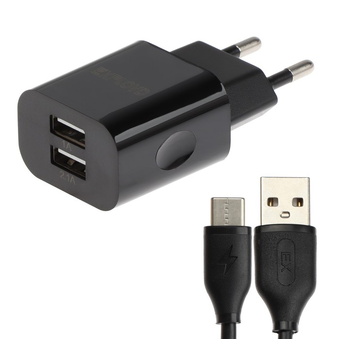 Сетевое зарядное устройство Exployd EX-Z-594, 2 USB, 3.1 А, кабель Type-C, черное сетевое зарядное устройство exployd ex z 1420 2 usb 2 4 а черное