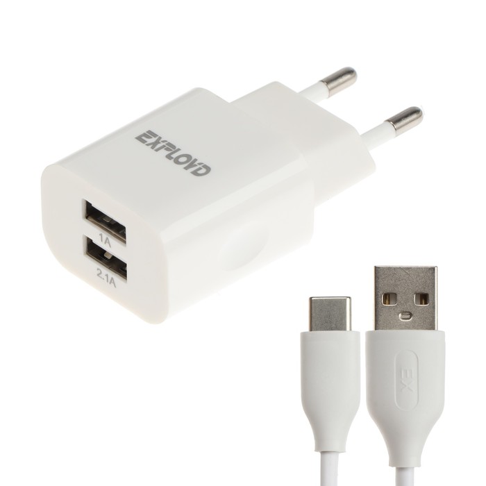 

Сетевое зарядное устройство Exployd EX-Z-595, 2 USB, 3.1 А, кабель Type-C, белое