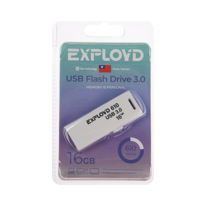 

Флешка Exployd 610, 16 Гб, USB3.0, чт до 70 Мб/с, зап до 20 Мб/с, белая