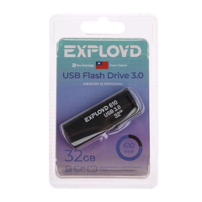 

Флешка Exployd 610, 32 Гб, USB3.0, чт до 70 Мб/с, зап до 20 Мб/с, черная