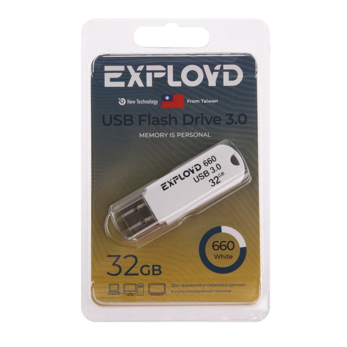 

Флешка Exployd 660, 32 Гб, USB3.0, чт до 70 Мб/с, зап до 20 Мб/с, белая