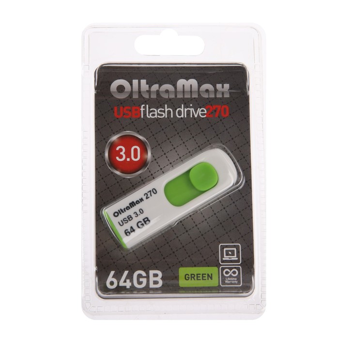 

Флешка OltraMax 270, 64 Гб, USB3.0, чт до 70 Мб/с, зап до 20 Мб/с, зеленая