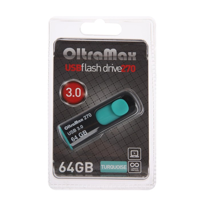 

Флешка OltraMax 270, 64 Гб, USB3.0, чт до 70 Мб/с, зап до 20 Мб/с, бирюзовая