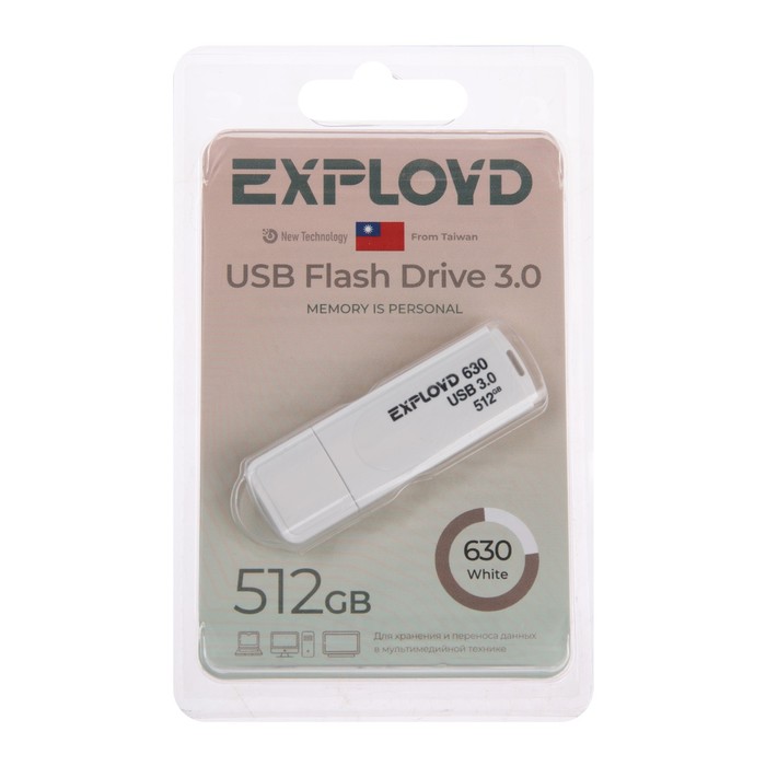 

Флешка Exployd 630, 512 Гб, USB3.0, чт до 70 Мб/с, зап до 20 Мб/с, белая