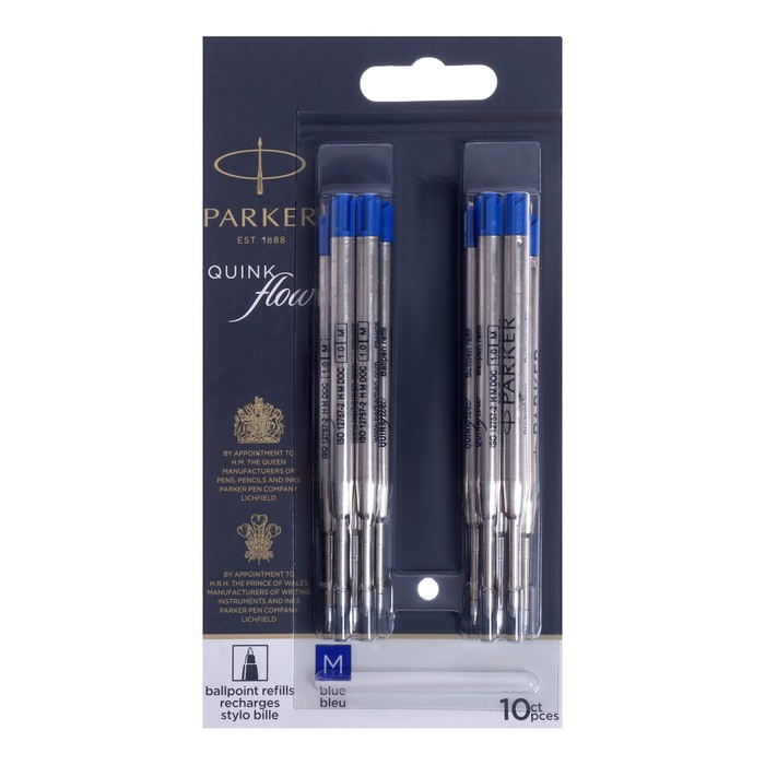 Набор стержней 10шт д/шариковой ручки Parker QuinkFlow, синие, средние 1.0мм, блистер