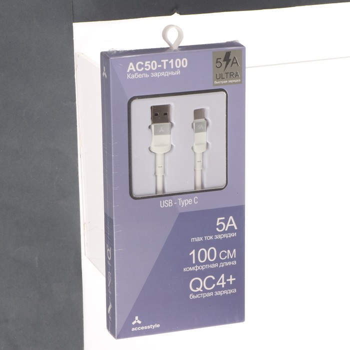 

Кабель Accesstyle AC50-T100, Type-C - USB, 5 А, TPU, быстрая зарядка, 1 м, белый