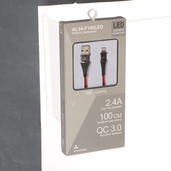 

Кабель Accesstyle AL24-F100LED, Lightning - USB, 2.4А, LED, быстрая зарядка,1м,черно-красный