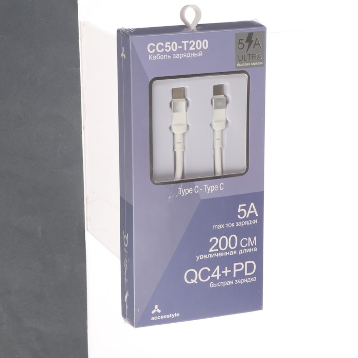 

Кабель Accesstyle CC50-T200, Type-C - Type-C, 5 А, TPU, быстрая зарядка, 2 м, белый