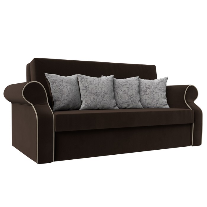 Прямой диван «Софт», механизм аккордеон, микровельвет коричневый / подушки велюр цветы