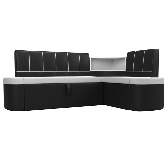Кухонный угловой диван «Тефида», правый угол, дельфин, экокожа, цвет белый / чёрный