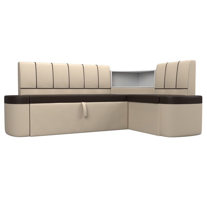 Кухонный угловой диван «Тефида», правый угол, дельфин, экокожа, цвет коричневый / бежевый