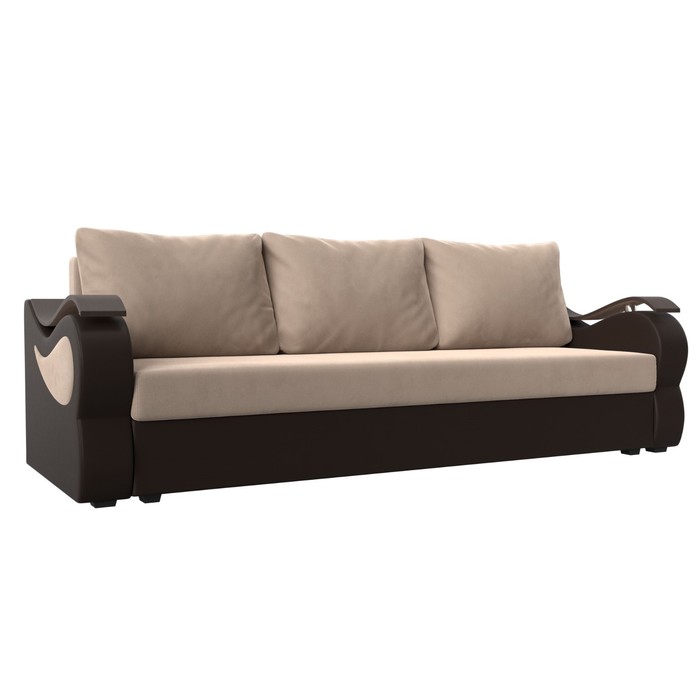 Прямой диван «Меркурий лайт», еврокнижка, велюр / экокожа, цвет бежевый / коричневый