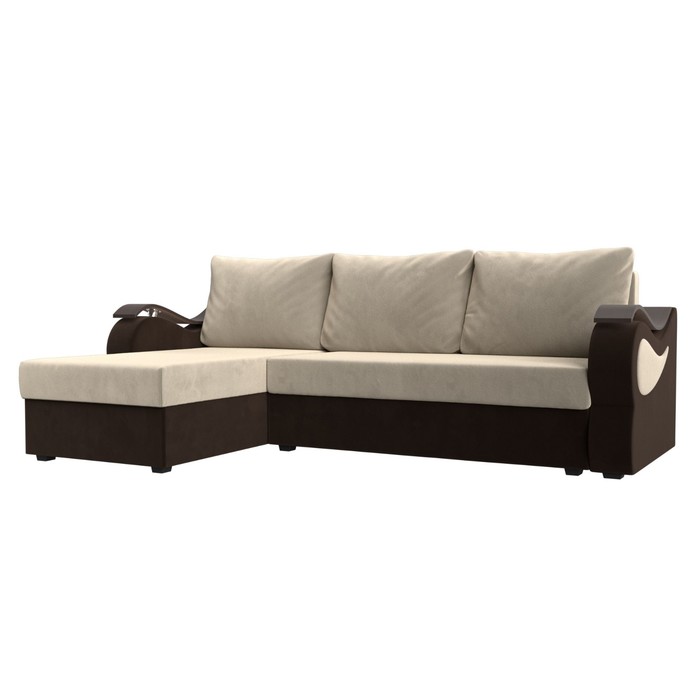 Угловой диван «Меркурий лайт», левый угол, еврокнижка, микровельвет, бежевый / коричневый