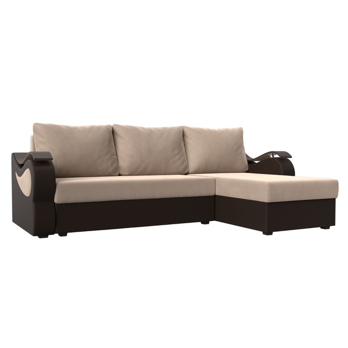 Угловой диван «Меркурий лайт», правый, еврокнижка, велюр / экокожа, бежевый / коричневый 41715