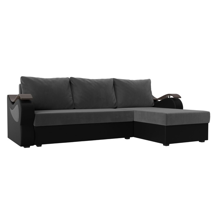 Угловой диван «Меркурий лайт», правый угол, еврокнижка, велюр / экокожа, серый / чёрный
