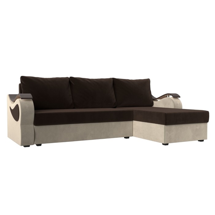 Угловой диван «Меркурий лайт», правый угол, еврокнижка, микровельвет, коричневый / бежевый 41325