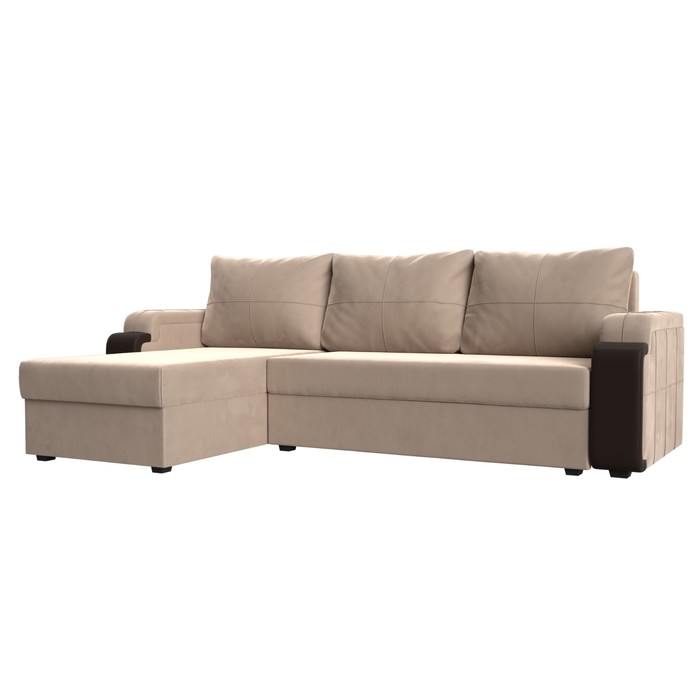 Угловой диван «Николь лайт», левый угол, еврокнижка, велюр / экокожа, бежевый / коричневый