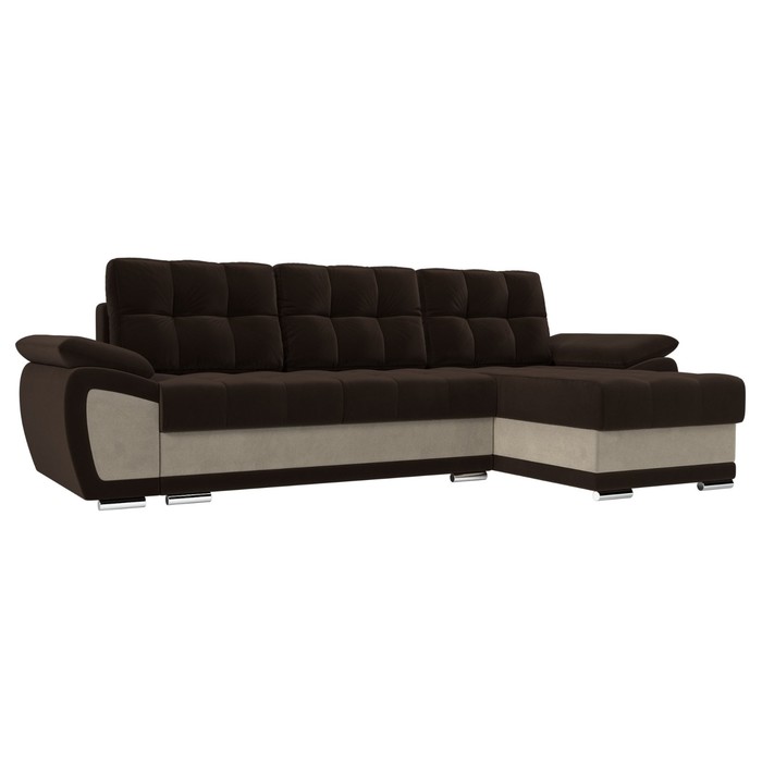 Угловой диван «Нэстор», правый угол, еврокнижка, микровельвет, цвет коричневый / бежевый