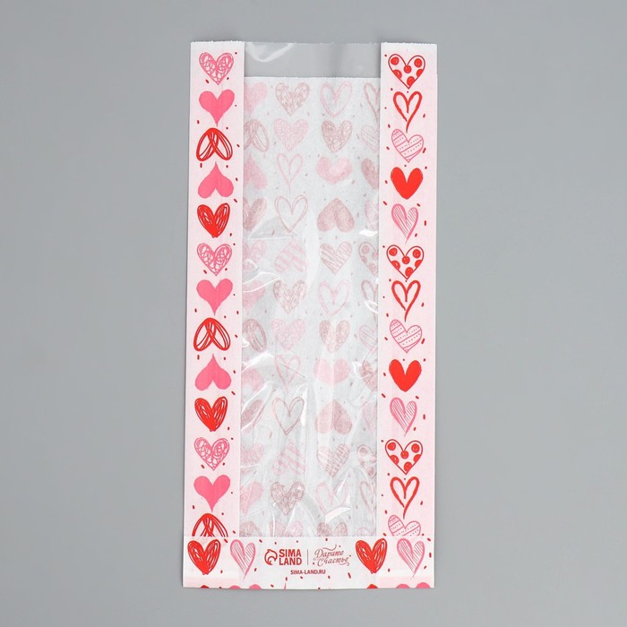 пакет бумажный фасовочный крафт сердечки 15х29х8 см с окном Пакет бумажный фасовочный, крафт, Сердечки 15х29х8 см с окном