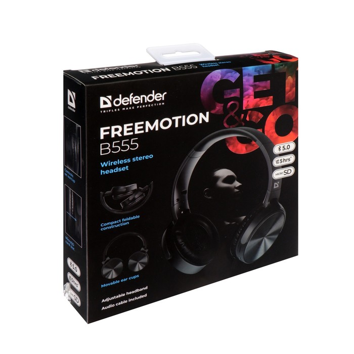 Наушники Defender FreeMotion B555, накладные, микрофон, управление, microSD, 150 мАч, черные