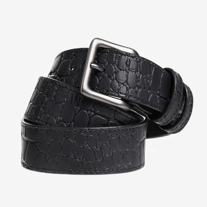 фото Ремень брючный с подкладом.тиснение имитация кожи каймана, цвет черный, 4 см, 110 см