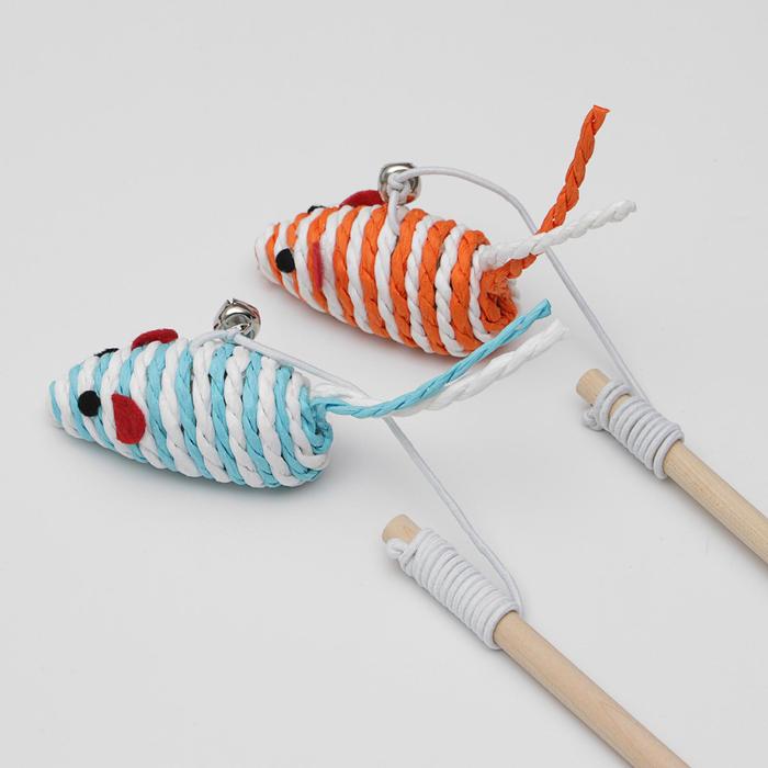 Дразнилка-удочка с мышью на деревянной ручке, микс цветов