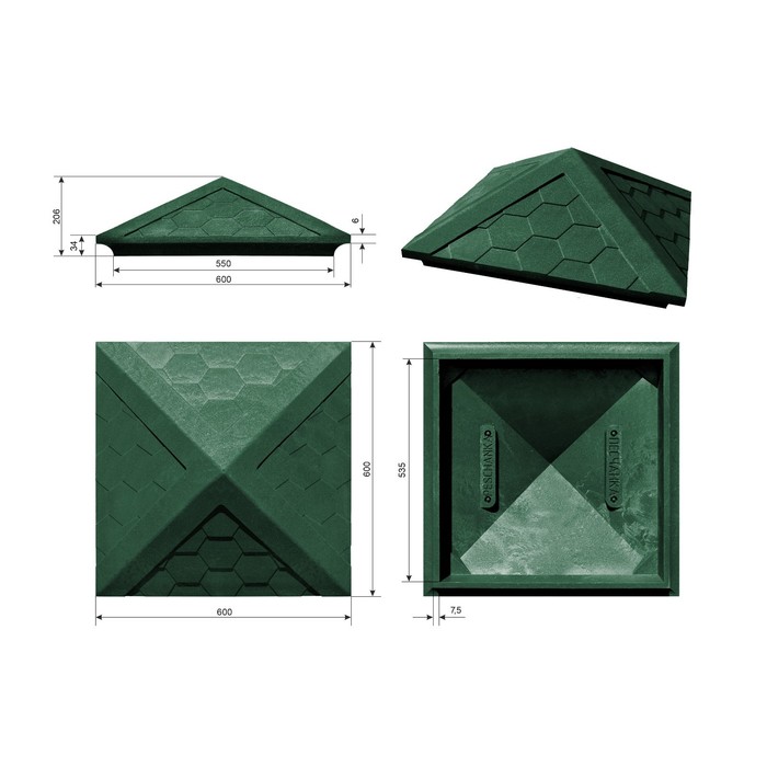 

Колпак ППК на заборный столб, 2 × 2 кирпича, 53,5 × 53,5 × 4,3 см, зелёный, «Гибкая черепица»