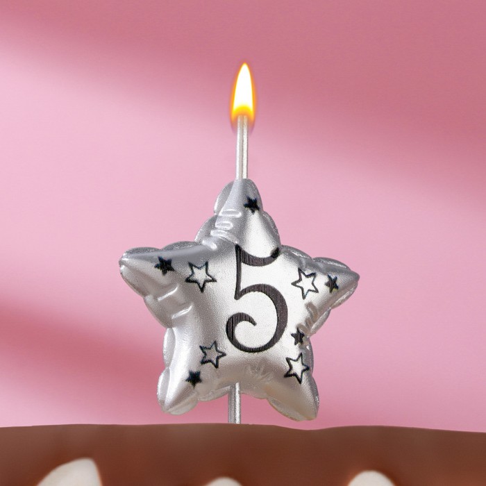 Свеча в торт на шпажке Воздушная звездочка, цифра 5, 3,5 см, серебро свеча в торт на шпажке воздушная звездочка цифра 5 9х4 2 см серебро