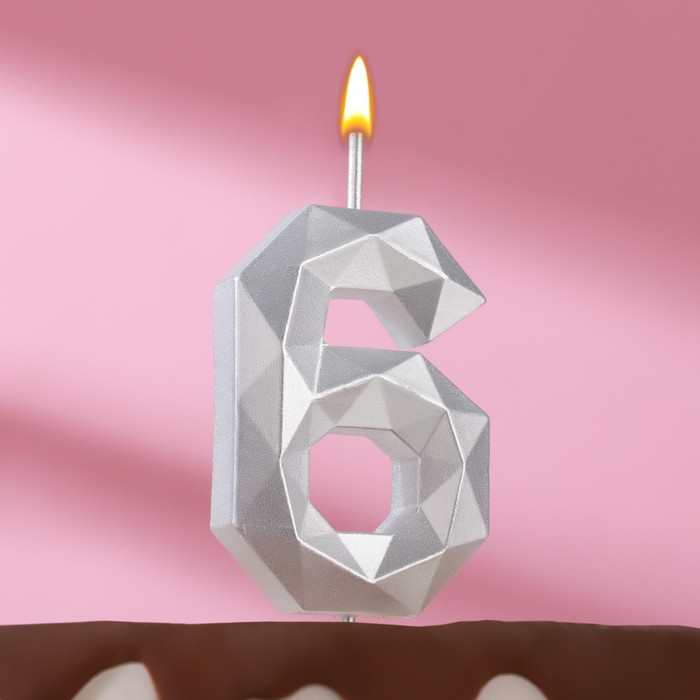 Свеча в торт на шпажке Многогранник, цифра 6, 7 см, серебро