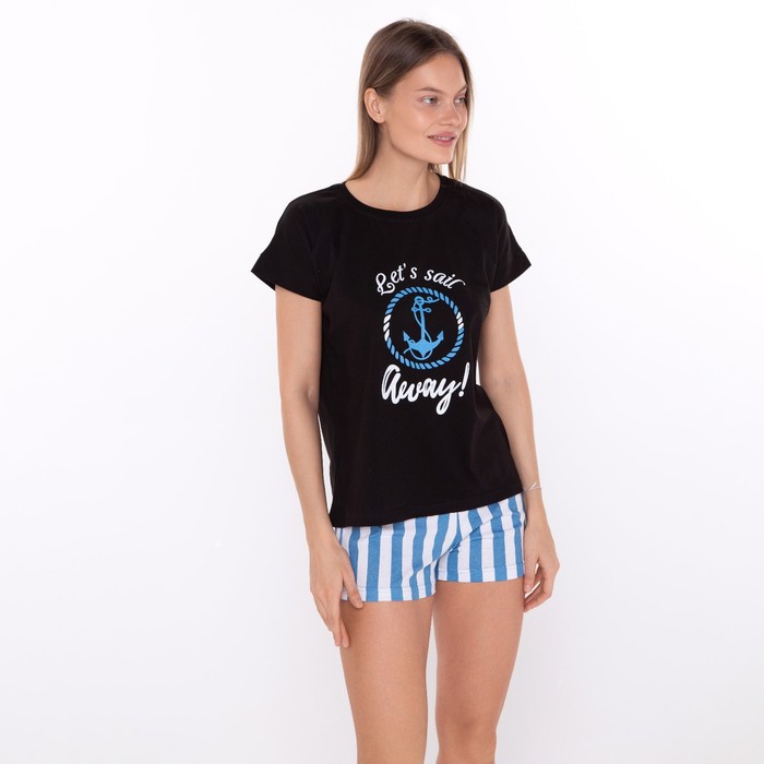 фото Комплект домашний женский принт let`s sail (футболка/шорты), цвет чёрный, размер 48 comfort
