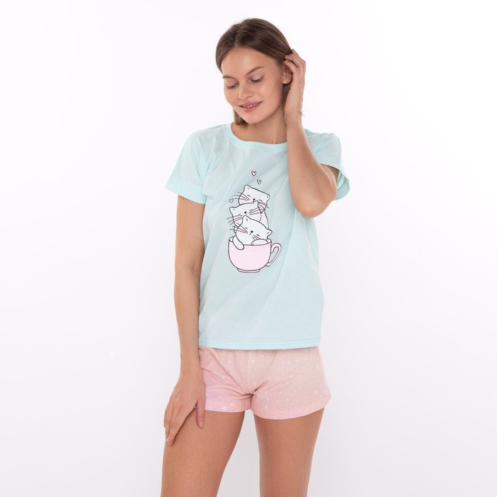 Комплект домашний женский «Кошки»(футболка/шорты), цвет мята/розовый, размер 44