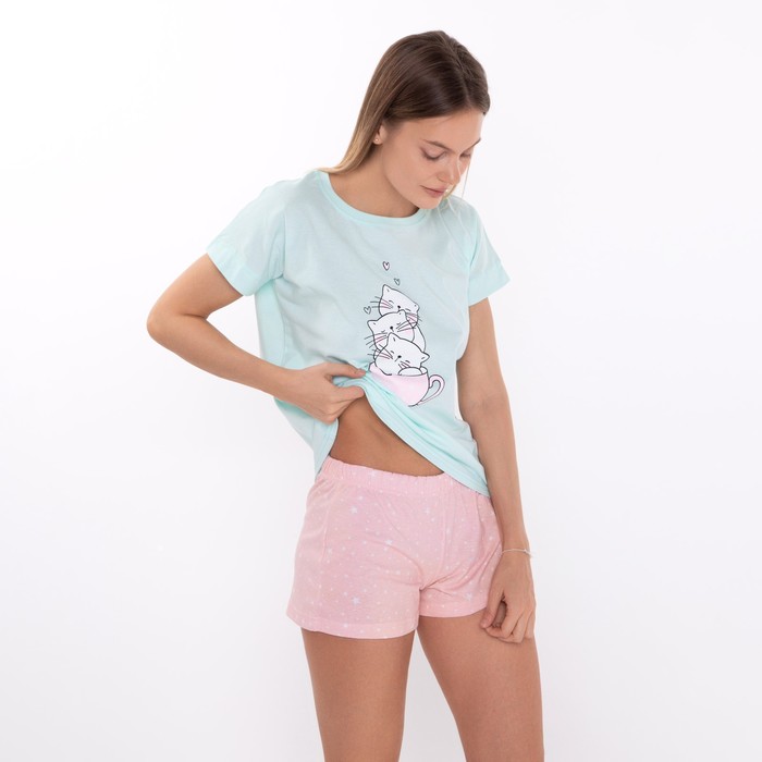 

Комплект домашний женский «Кошки»(футболка/шорты), цвет мята/розовый, размер 46