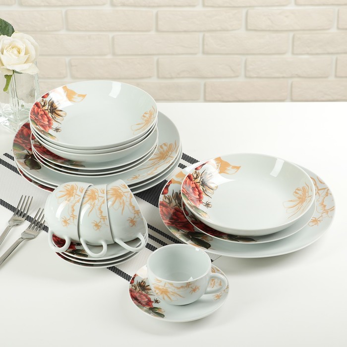 Набор столовый "Красный цветок", 20 предметов: 4 тарелки 20 см, 4 тарелки 20 см, 4 тарелки 26 см, 4 чашки 180 мл, 4 блюдца