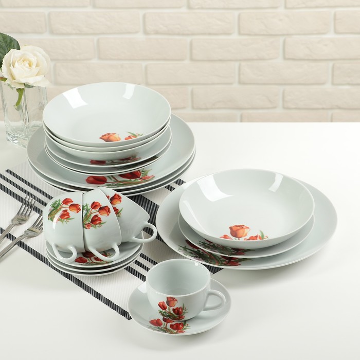 Набор столовый "Тюльпаны", 20 предметов: 4 тарелки 20 cм, 4 тарелки 20 см, 4 тарелки 26 см, 4 чашки 180 мл, 4 блюдца