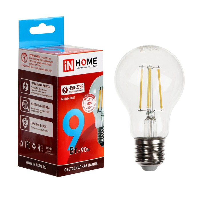 Лампа светодиодная IN HOME LED-A60-deco, 9 Вт, 230 В, Е27, 4000 К, 1040 Лм, прозрачная лампа светодиодная in home led шар deco 7 вт 230 в е27 4000 к 810 лм прозрачная