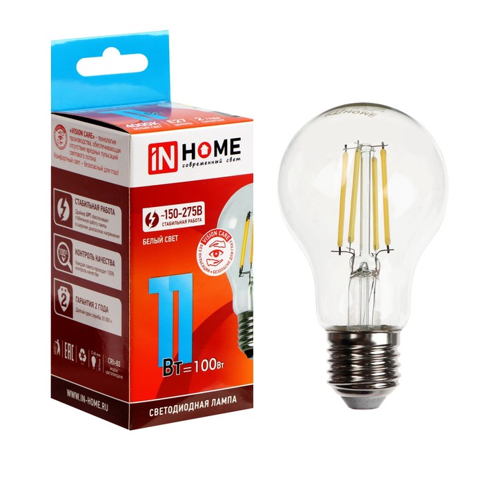 Лампа светодиодная IN HOME LED-A60-deco, 11 Вт, 230 В, Е27, 4000 К, 1160 Лм, прозрачная лампа светодиодная in home led шар deco 7 вт 230 в е27 4000 к 810 лм прозрачная